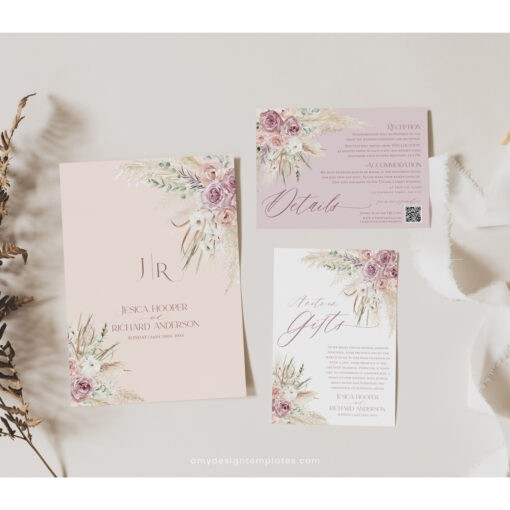 Pink Floral Wedding Invitation Card Template