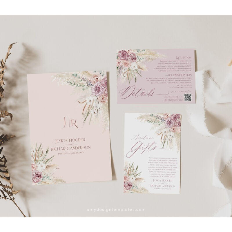 Romantic pink floral wedding invitation card with blush roses and elegant script, editable in Corjl