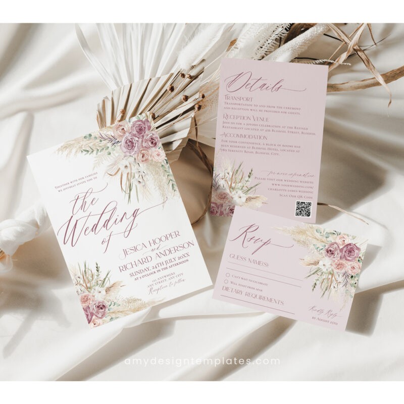 Editable pink floral wedding invitation template featuring blush watercolor flowers and elegant typography