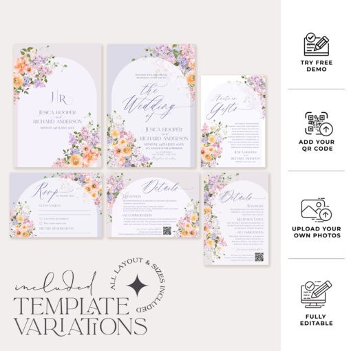 Floral Garden Wedding Invitation Suite Templates, Purple Flower Invitation Template