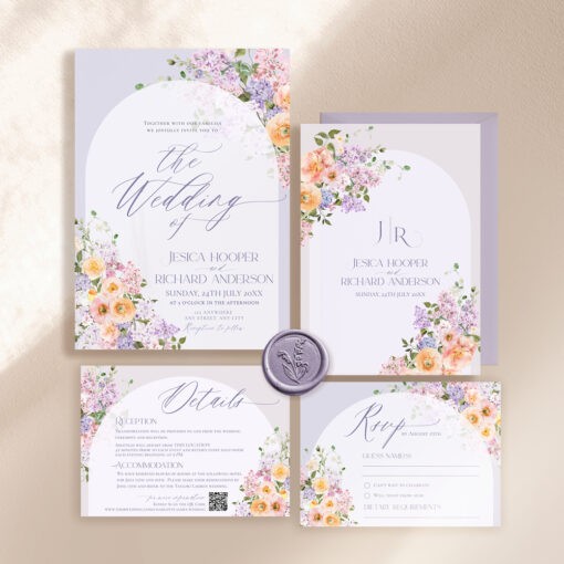 Floral Garden Wedding Invitation Suite Templates, Purple Flower Invitation Template