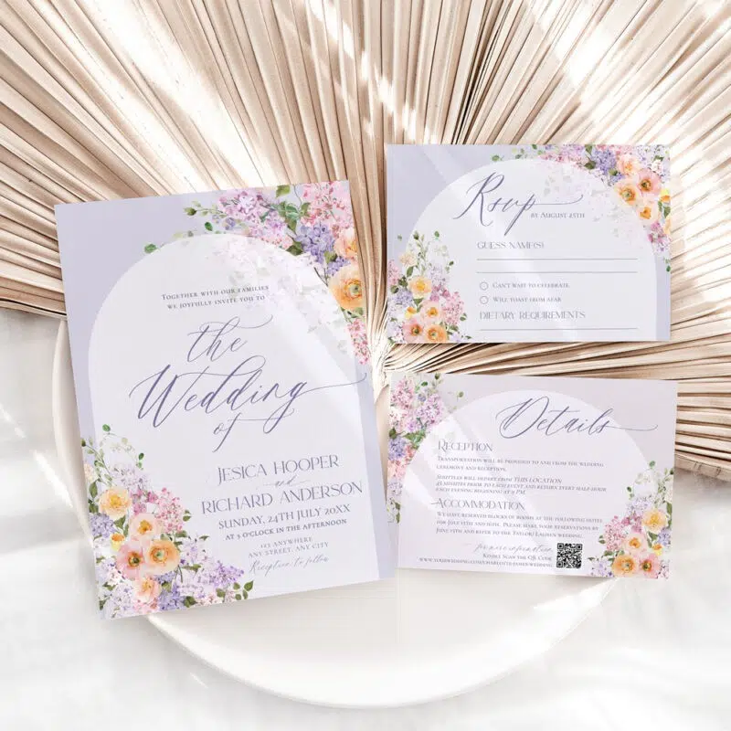 Romantic wedding invitation template with purple and peach garden florals, customizable text, and soft watercolor background