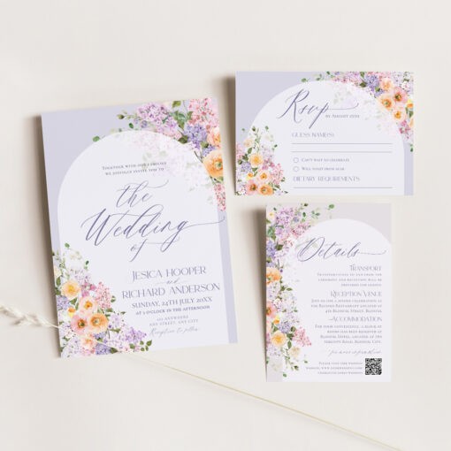 Floral Garden Wedding Invitation Suite Templates, Purple Flower Invitation Template