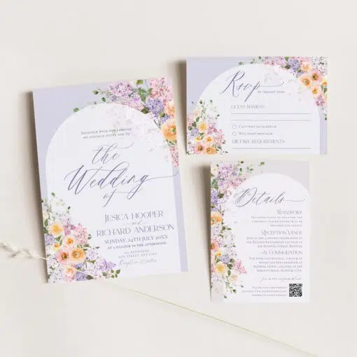Editable floral garden wedding invitation template with watercolor purple and peach flowers, digital download for spring or summer weddings