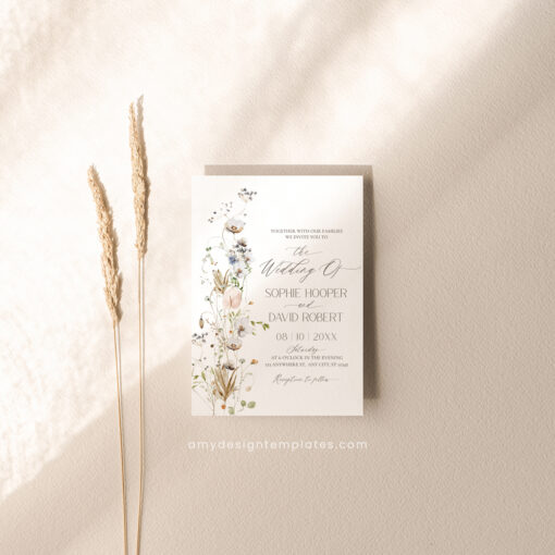 Wildflower Wedding Invitation Template, Botanical Wedding Invitations