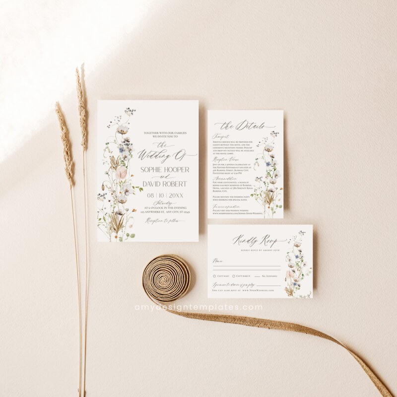 Wildflower Wedding Invitation Template, Botanical Wedding Invitations Wildflower Wedding Invitation Template, Botanical Wedding Invitations
