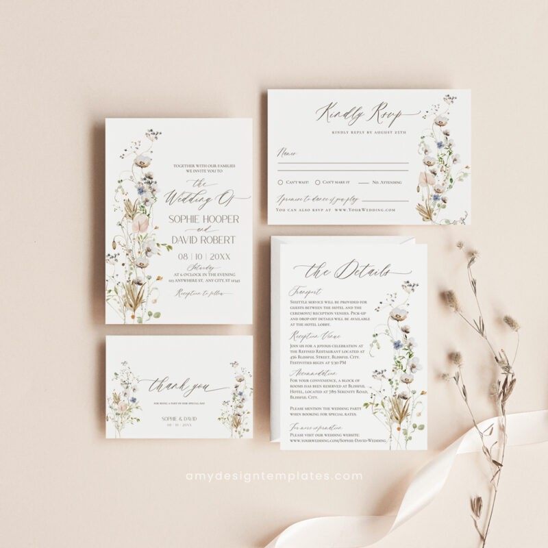 Wildflower Wedding Invitation Template, Botanical Wedding Invitations Wildflower Wedding Invitation Template, Botanical Wedding Invitations