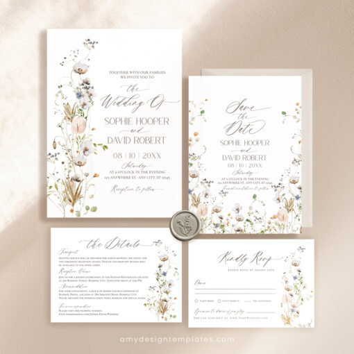 Wildflower Wedding Invitation Template, Botanical Wedding Invitations