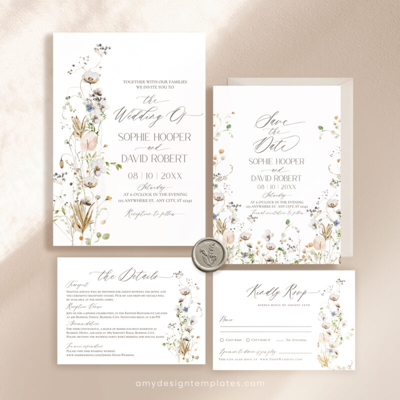 Wildflower Wedding Invitation Template, Botanical Wedding Invitations Wildflower Wedding Invitation Template, Botanical Wedding Invitations