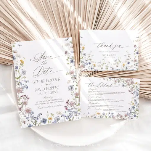 Minimalist wedding invitation and save the date card with hand-drawn wildflower illustrations and modern fonts on white background.