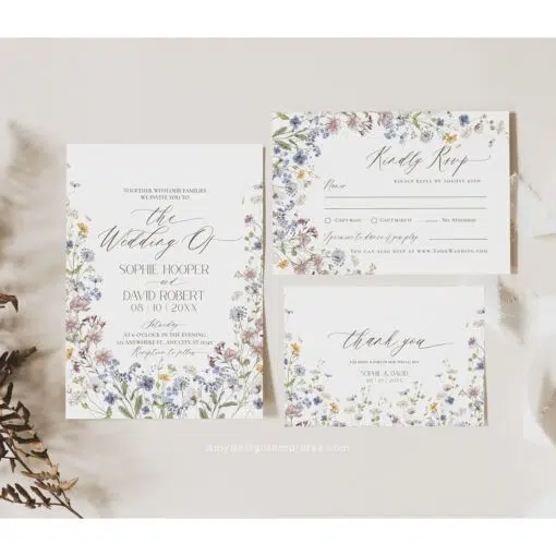 Rustic wildflower wedding invitation cards with hand-drawn florals, RSVP card, details insert, thank you card on white background.