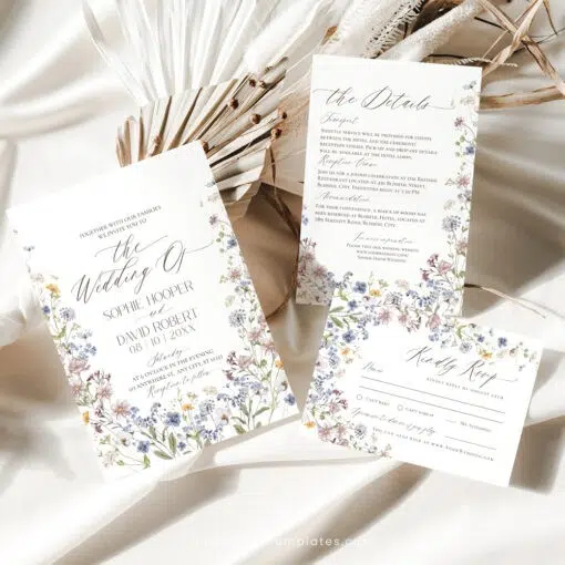Flat lay of wildflower wedding invitation suite with botanical florals, RSVP card, details card on white table background.
