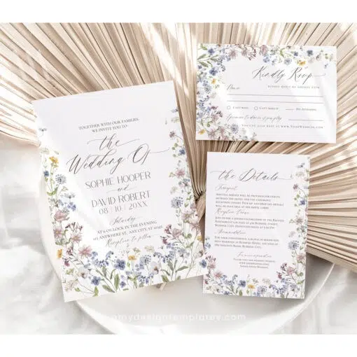Flat lay of elegant wildflower wedding invitation suite, featuring botanical floral illustrations, invitation card, RSVP, and details card on white background.