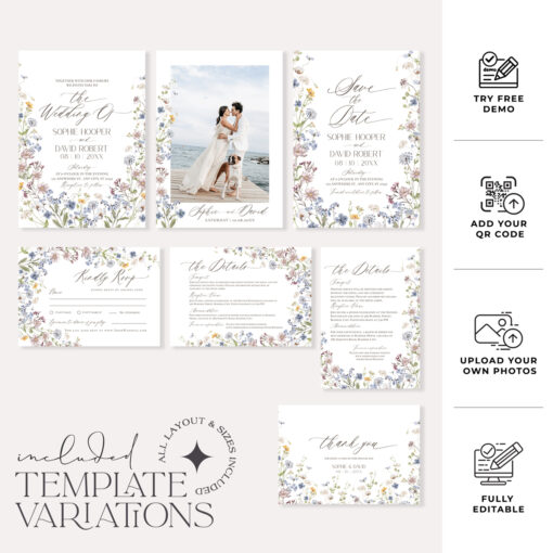 Botanical Wedding invitations, Wildflower Wedding Invitation Suite Template