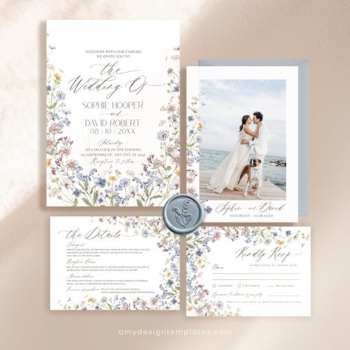 Botanical Wedding invitations, Wildflower Wedding Invitation Suite Template