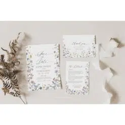 Editable boho wildflower save the date card with hand-drawn floral design, paired with matching rustic wedding invitation set templates.