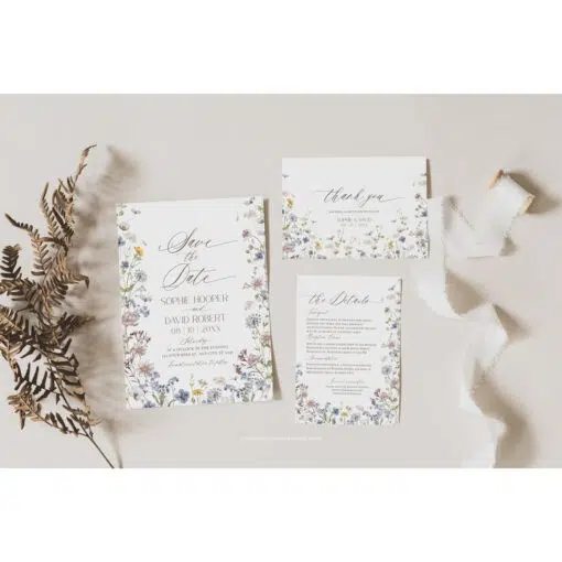 Editable boho wildflower save the date card with hand-drawn floral design, paired with matching rustic wedding invitation set templates.