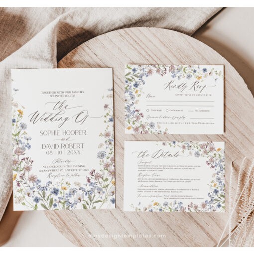 Botanical Wedding invitations, Wildflower Wedding Invitation Suite Template