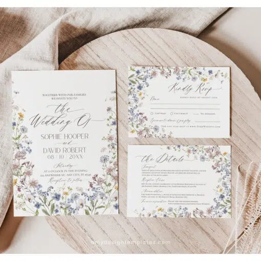 Editable boho wildflower wedding invitation card suite template featuring hand-drawn wildflowers, rustic fonts, and minimalist botanical design.