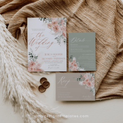 Rustic Wedding Invitation Template, Pink Floral Wedding Suite Template Editable, Floral Garden Wedding Set Printable Download E052