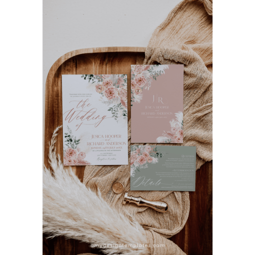 Rustic Wedding Invitation Template, Pink Floral Wedding Suite Template Editable, Floral Garden Wedding Set Printable Download E052