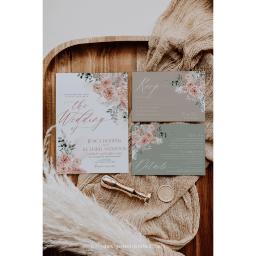 Rustic Wedding Invitation Template, Pink Floral Wedding Suite Template Editable, Floral Garden Wedding Set Printable Download E052