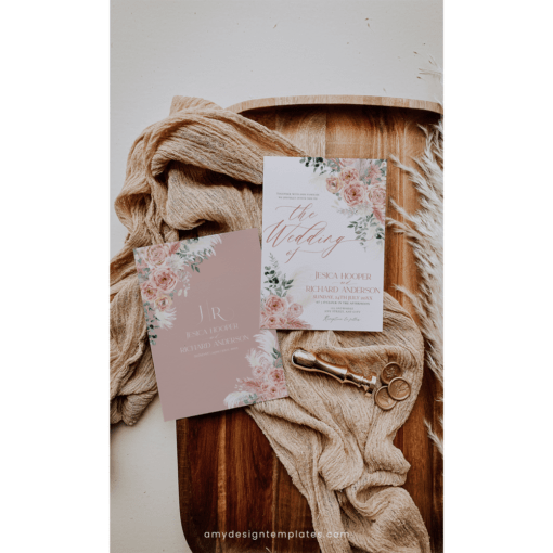 Rustic Wedding Invitation Template, Pink Floral Wedding Suite Template Editable, Floral Garden Wedding Set Printable Download E052