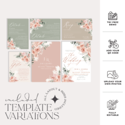 Rustic Wedding Invitation Template, Pink Floral Wedding Suite Template Editable, Floral Garden Wedding Set Printable Download E052