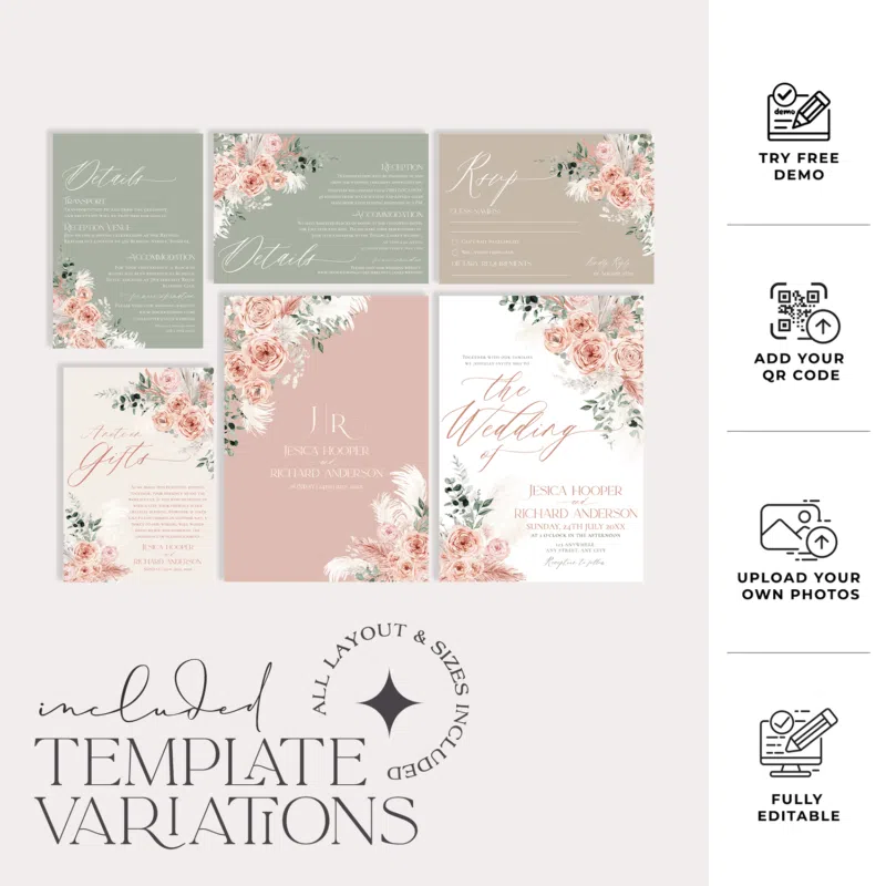 Rustic Wedding Invitation Template, Pink Floral Wedding Suite Template Editable, Floral Garden Wedding Set Printable Download E052