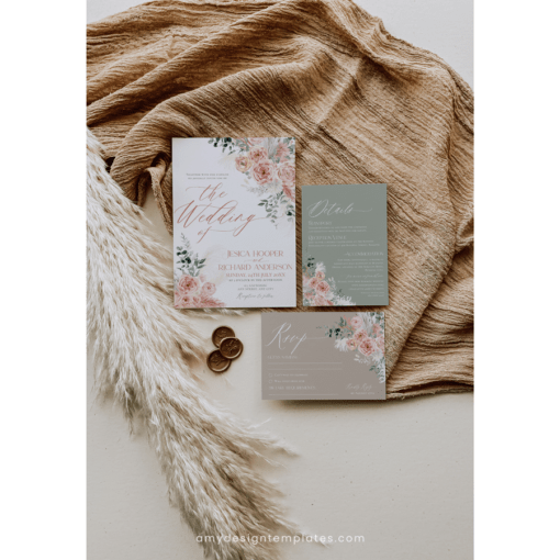 Rustic Wedding Invitation Template, Pink Floral Wedding Suite Template Editable, Floral Garden Wedding Set Printable Download E052