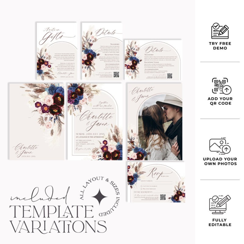 Burgundy Navy Wedding Invitation, Burgundy Boho Wedding Invitations Template Editable, Burgundy Boho Wedding Invitations Template Editable