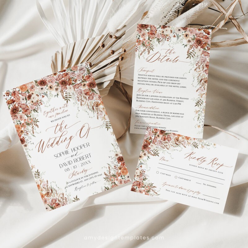 Terracotta Wedding Invitations, Boho Wedding Invitation Suite Templates Terracotta Wedding Invitations, Boho Wedding Invitation Suite Templates