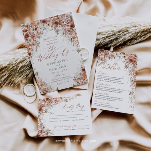 Terracotta Wedding Invitations, Boho Wedding Invitation Suite Templates