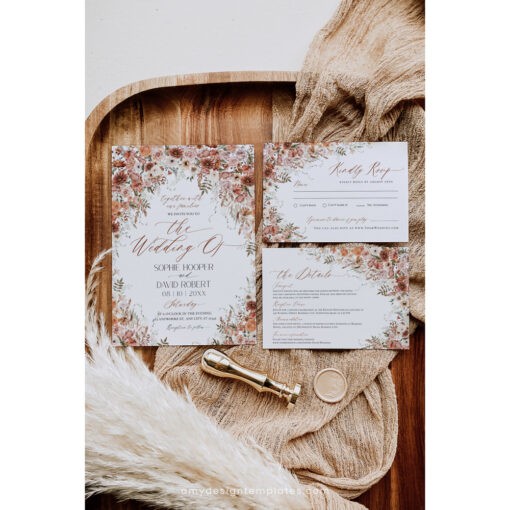 Terracotta Wedding Invitations, Boho Wedding Invitation Suite Templates