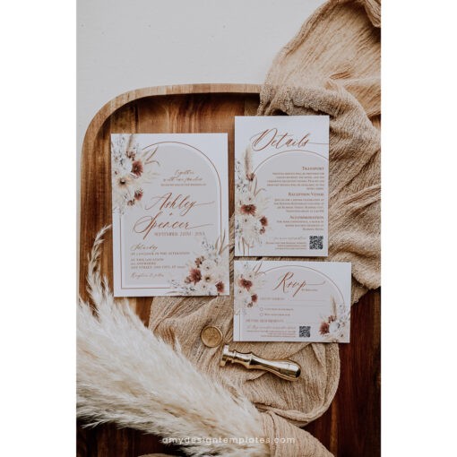 Rustic Wedding Invitation Templates, Boho Terracotta Wedding Invitations Set Templates