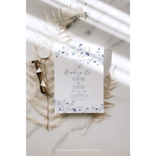 Blue Wedding Invitation Template, Wildflower Wedding Invitations Set Templates