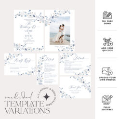 Blue Wedding Invitation Template, Wildflower Wedding Invitations Set Templates