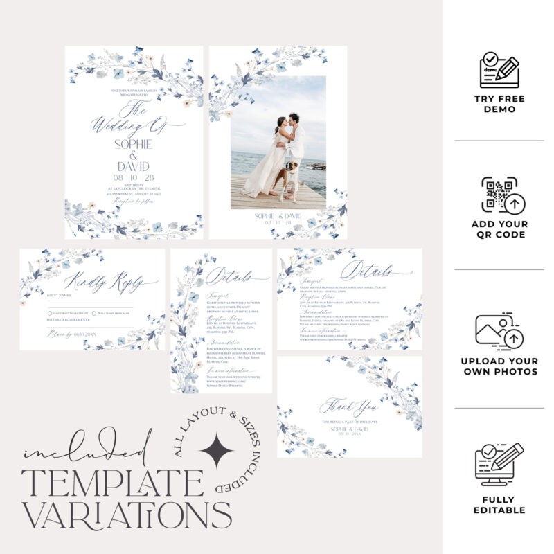 Blue Wedding Invitation Template Suite, Wildflower Wedding Invitations Set Templates Blue Wedding Invitation Template, Wildflower Wedding Invitations Set Templates