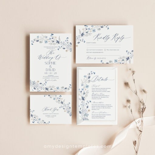 Blue Wedding Invitation Template, Wildflower Wedding Invitations Set Templates