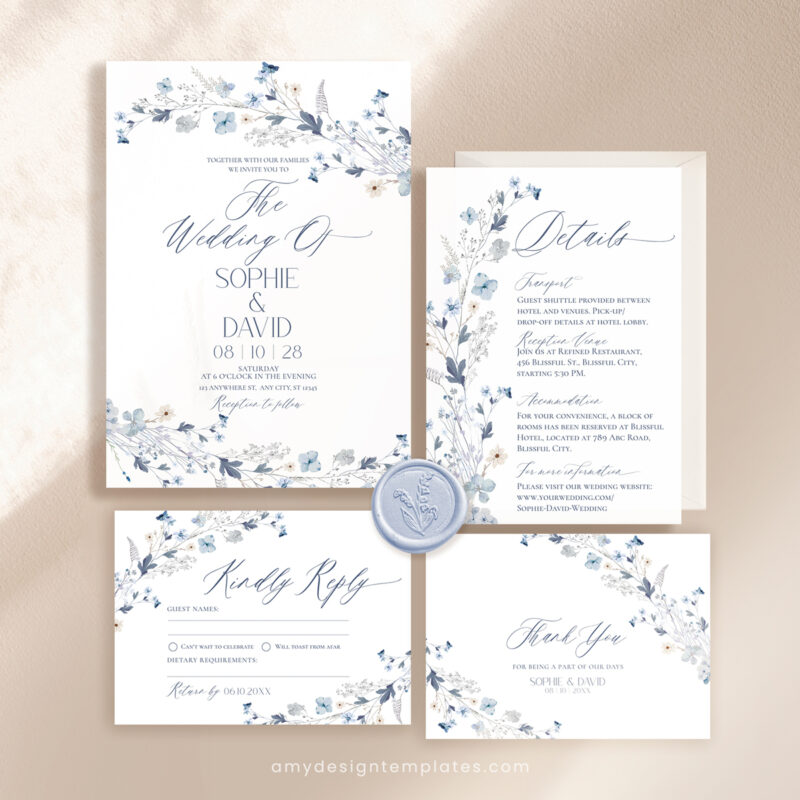 Blue Wedding Invitation Template Suite, Wildflower Wedding Invitations Set Templates Blue Wedding Invitation Template, Wildflower Wedding Invitations Set Templates