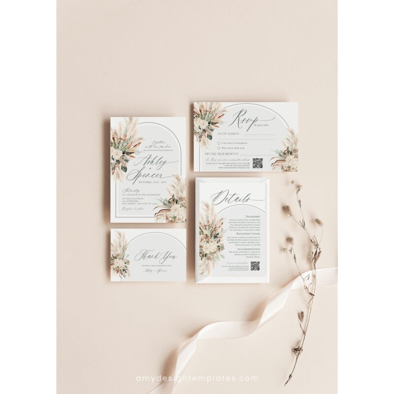 Boho Greenery Wedding Invitation Template Suite Boho Wedding Invitation Suite Template, Green Wedding Invite Suite Template, Greenery Wedding Set QR Code Pampas Wedding Printables E058