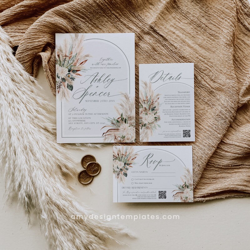 Boho Greenery Wedding Invitation Template Suite Boho Wedding Invitation Suite Template, Green Wedding Invite Suite Template, Greenery Wedding Set QR Code Pampas Wedding Printables E058