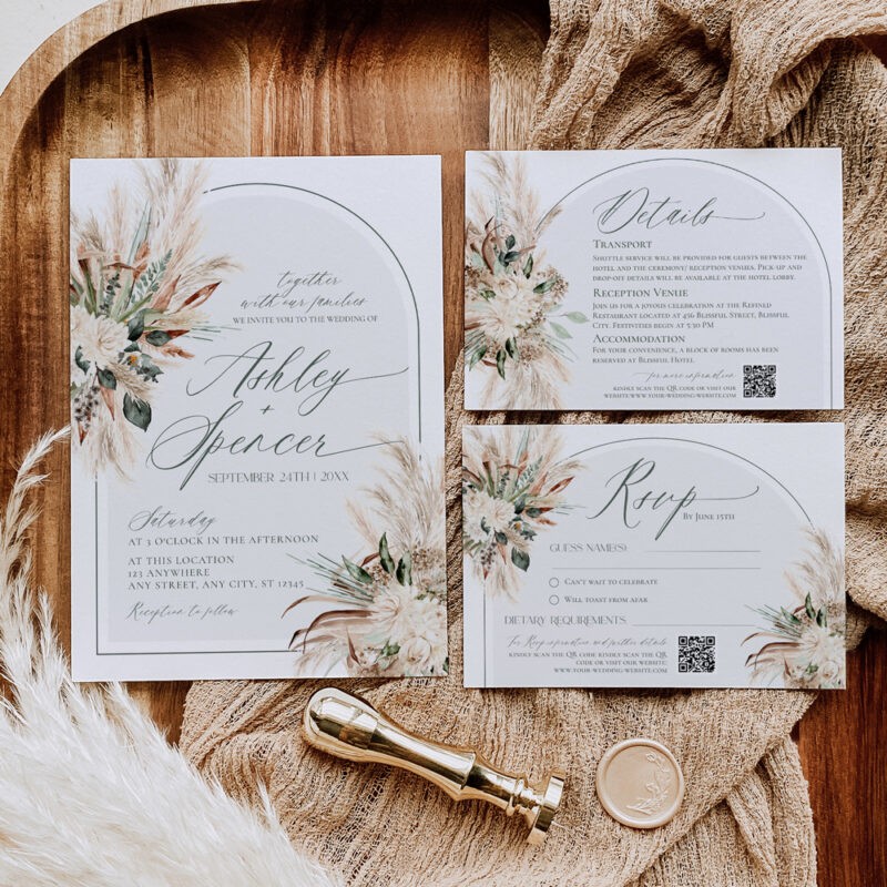 Boho Greenery Wedding Invitation Template Suite Boho Wedding Invitation Suite Template, Green Wedding Invite Suite Template, Greenery Wedding Set QR Code Pampas Wedding Printables E058