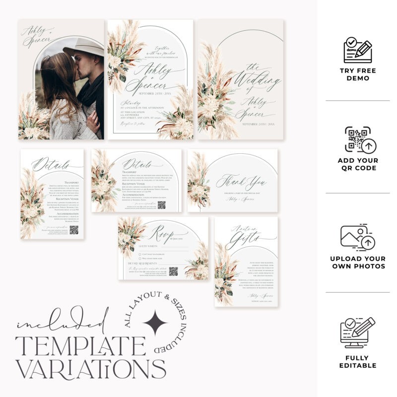 Boho Greenery Wedding Invitation Template Suite Boho Wedding Invitation Suite Template, Green Wedding Invite Suite Template, Greenery Wedding Set QR Code Pampas Wedding Printables E058