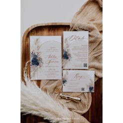 Navy Blue Wedding Invitation Template Boho Wedding Invitation Suite Navy Blue Wedding Invite Set Pampas Bohemian Arched E059