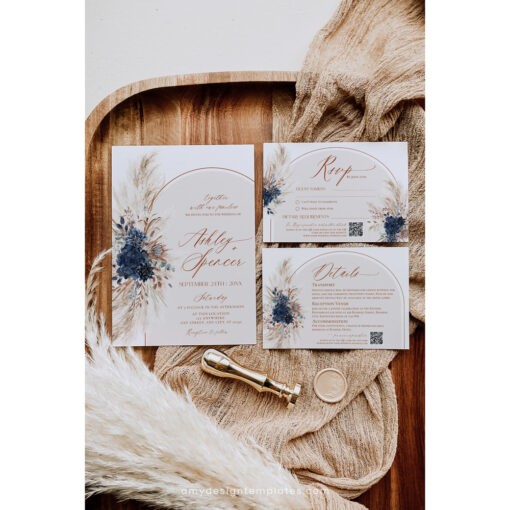 Navy Blue Wedding Invitation Template Boho Wedding Invitation Suite Navy Blue Wedding Invite Set Pampas Bohemian Arched E059