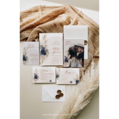 Navy Blue Wedding Invitation Template Boho Wedding Invitation Suite Navy Blue Wedding Invite Set Pampas Bohemian Arched E059