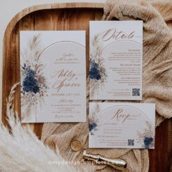 Navy Blue Wedding Invitation Template Boho Wedding Invitation Suite Navy Blue Wedding Invite Set Pampas Bohemian Arched E059