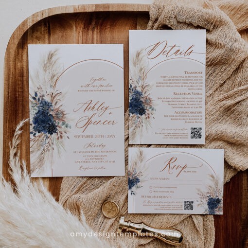 Navy Blue Wedding Invitation Template Boho Wedding Invitation Suite Navy Blue Wedding Invite Set Pampas Bohemian Arched E059