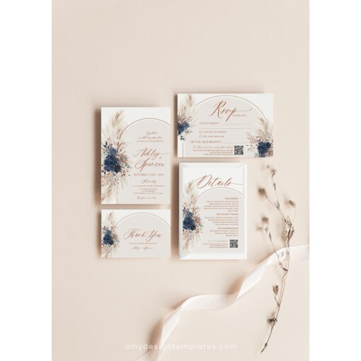 Navy Blue Wedding Invitation Template Boho Wedding Invitation Suite Navy Blue Wedding Invite Set Pampas Bohemian Arched E059